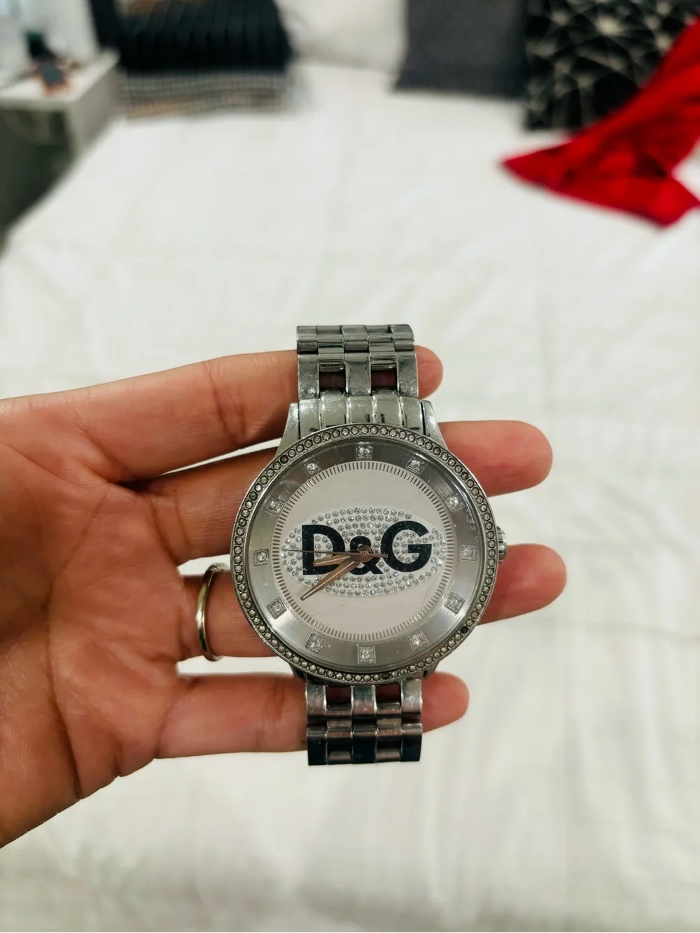 D&G Silver Tone Crystal Logo Bracelet Watch